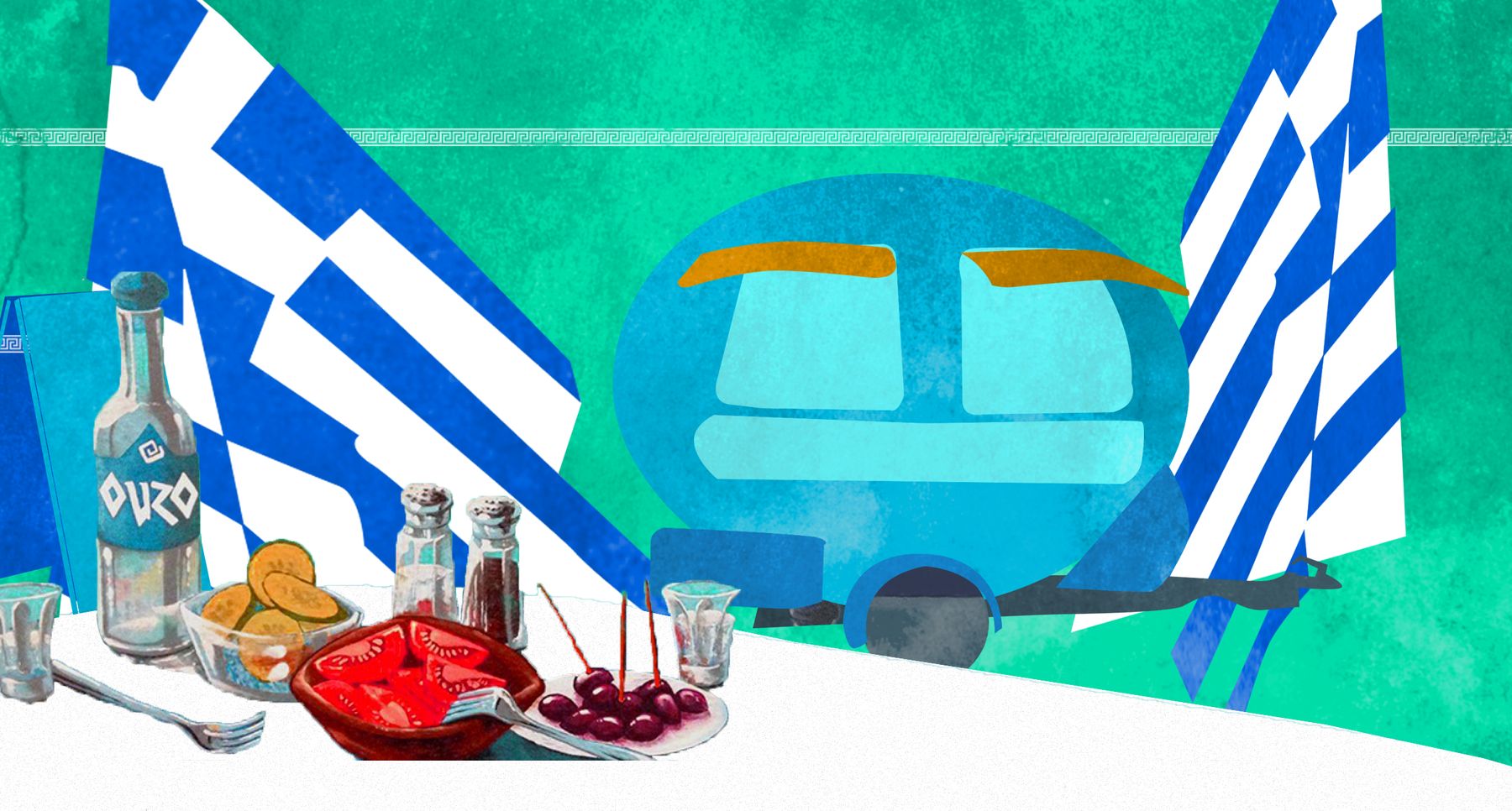 Illustratie van de foodtruck met Griekse vlaggen, ouzo, tomaten en olijven